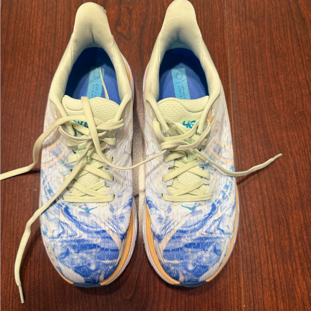 Hoka One One Cream and Blue Sneakers